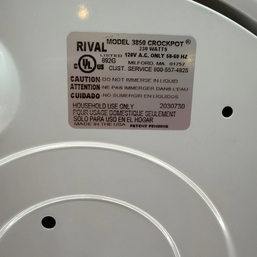 Rival Crock Pot Slow Cooker Removable Stoneware Crock 5 Qt White Model 3850.